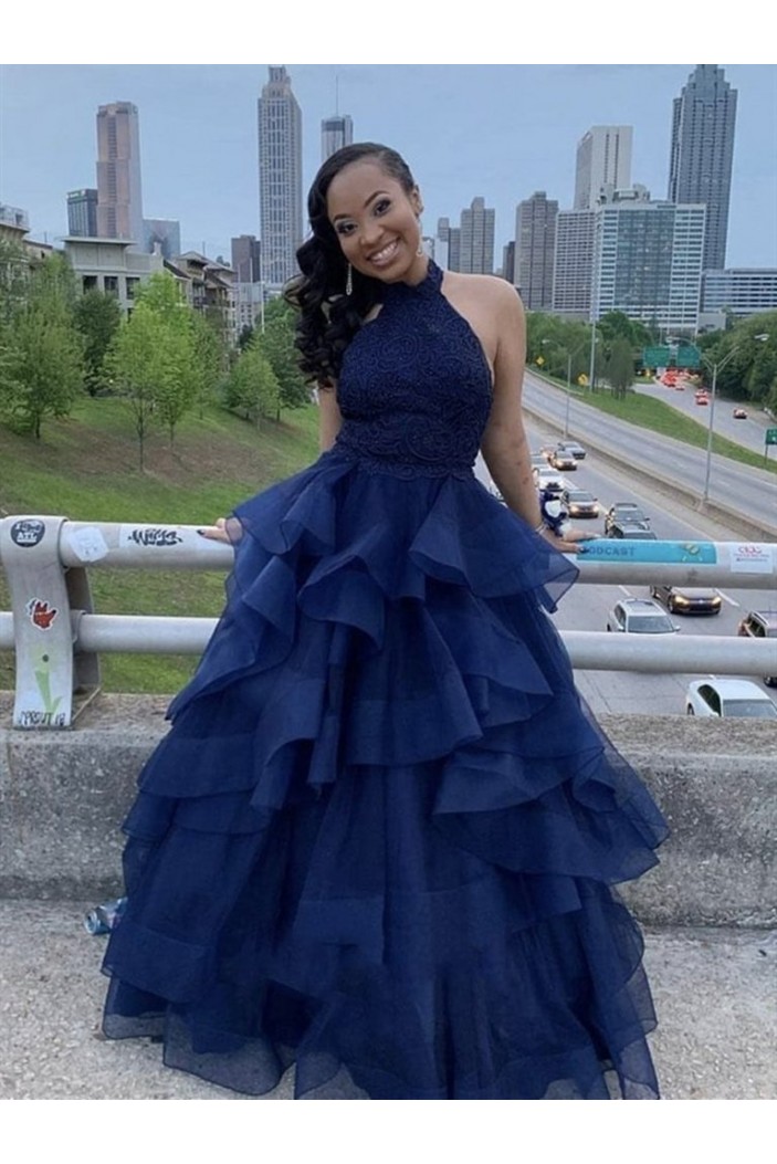 A-Line Lace and Tulle Long Navy Blue Prom Dresses Formal Evening Gowns 901065
