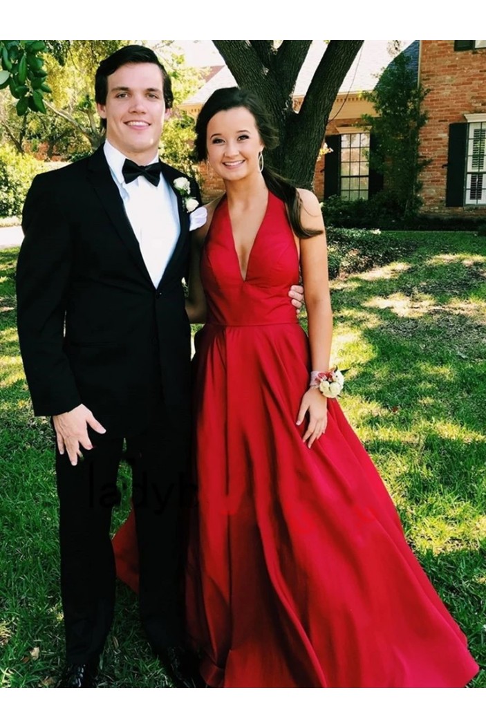 A-Line Red V Neck Long Prom Dresses Formal Evening Gowns 901074