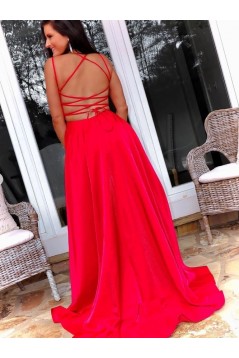 A-Line Spaghetti Straps Long Red Prom Dresses Formal Evening Gowns 901075