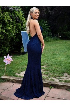 Elegant Long Blue Lace Mermaid Prom Dresses Formal Evening Gowns 901101