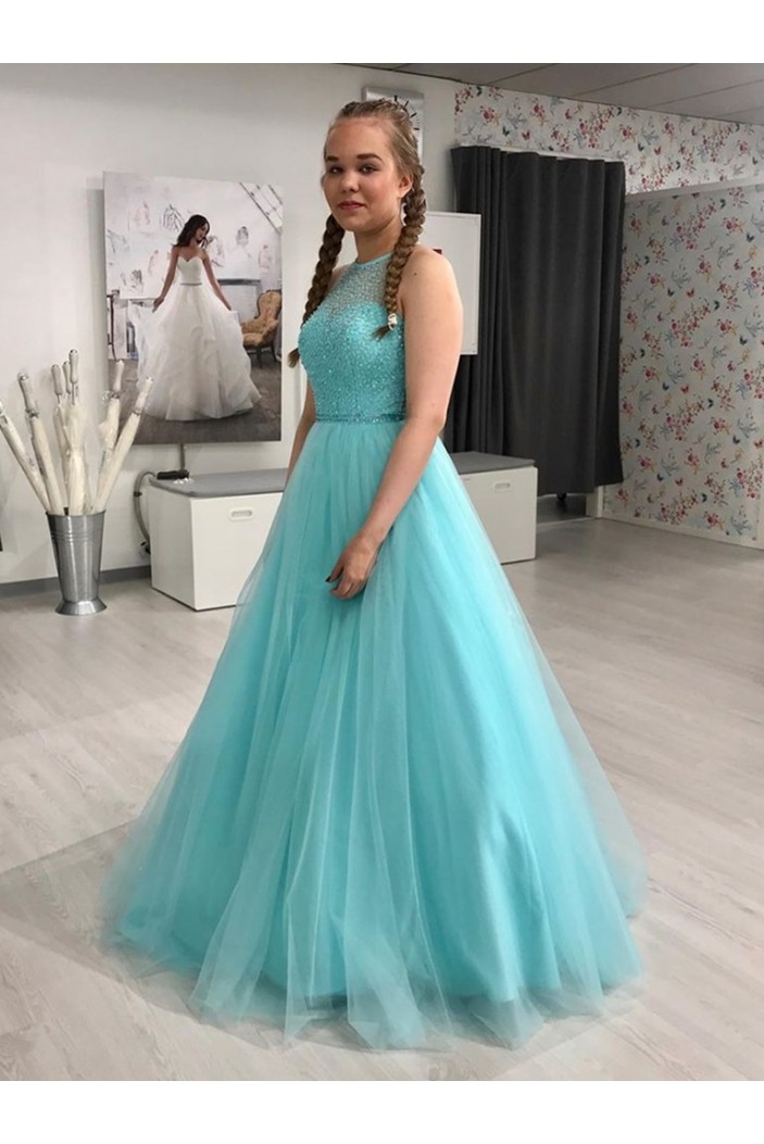 A-Line Long Blue Beaded Prom Dresses Formal Evening Gowns 901103