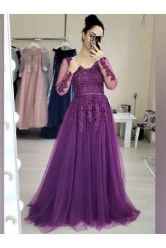 A-Line Long Purple Lace Long Sleeves Prom Dresses Formal Evening Gowns 901105