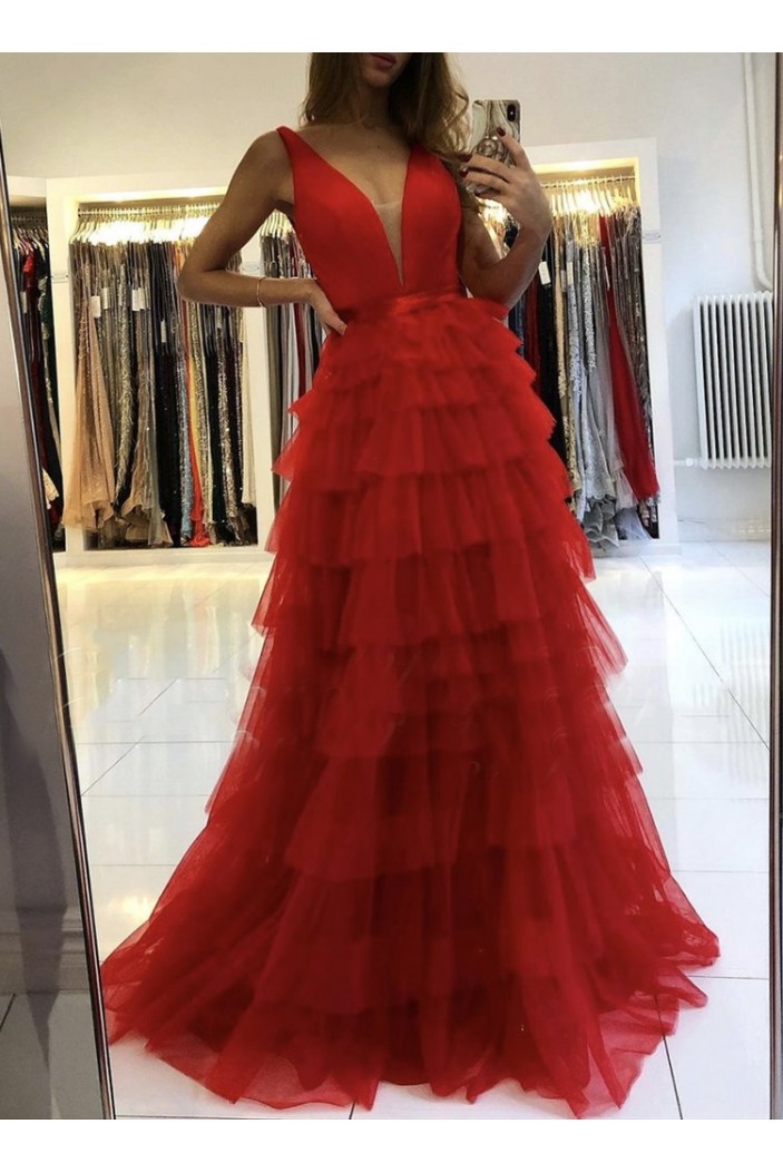 Long Red Tulle Prom Dresses Formal Evening Gowns 901107