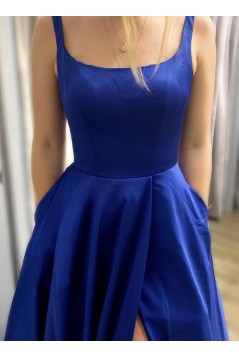 Long Blue Satin Prom Dresses Formal Evening Gowns 901108