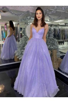 A-Line Sparkle Tulle Lavender Long Prom Dresses Formal Evening Gowns 901113