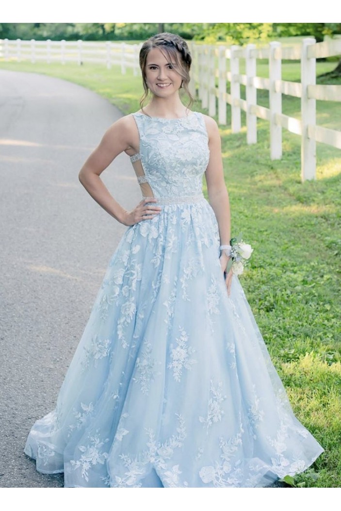 A-Line Long Blue Lace Prom Dresses Formal Evening Gowns 901131