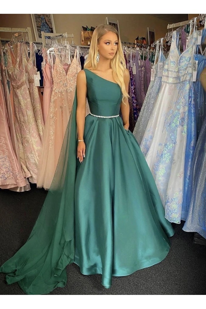A-Line One Shoulder Long Prom Dresses Formal Evening Gowns 901135