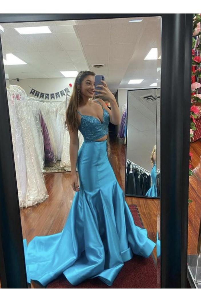 Mermaid Two Pieces Long Blue Sequins and Satin Prom Dress Formal Evening Gowns 901137