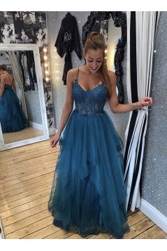 A-Line Long Blue Spaghetti Straps Prom Dress Formal Evening Gowns 901140