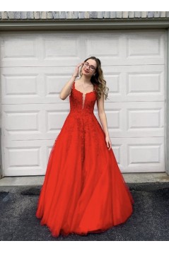 A-Line Long Red Lace and Tulle Beaded Prom Dress Formal Evening Gowns 901143