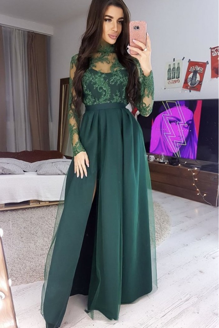 Long Green Lace Prom Dress Formal Evening Gowns with Long Sleeves 901144