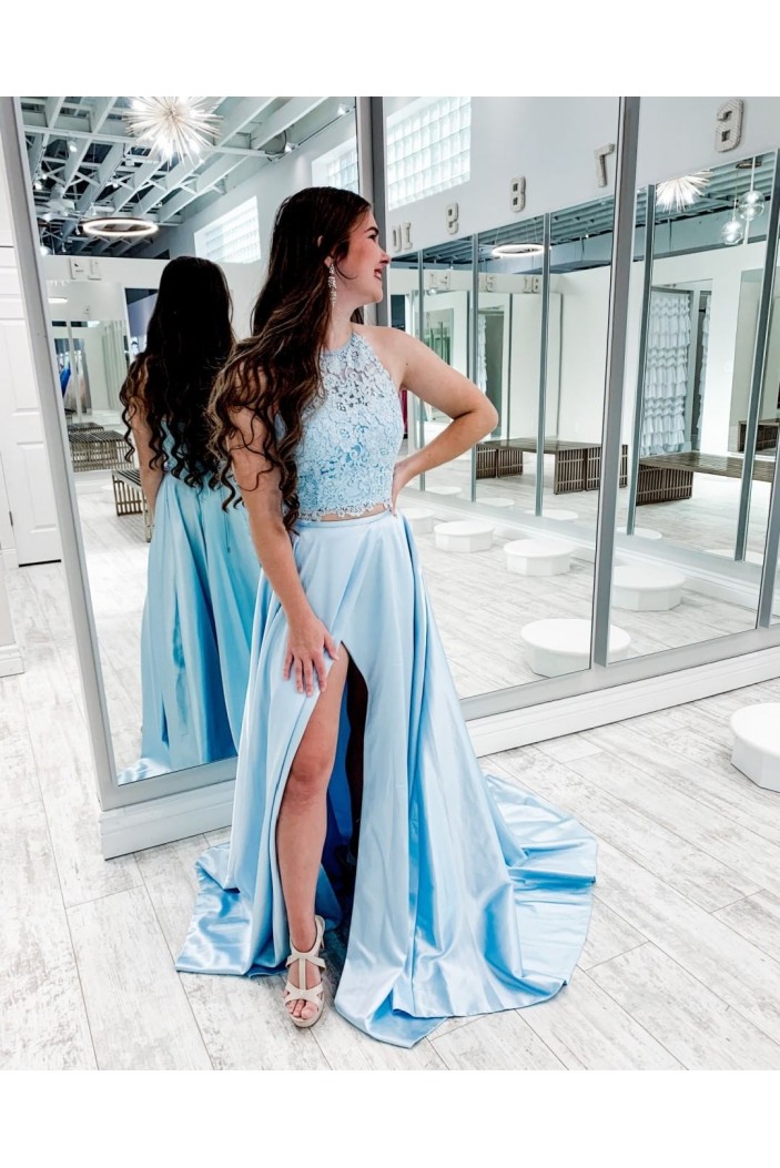 A-Line Long Blue Lace Two Pieces Prom Dress Formal Evening Gowns 901145