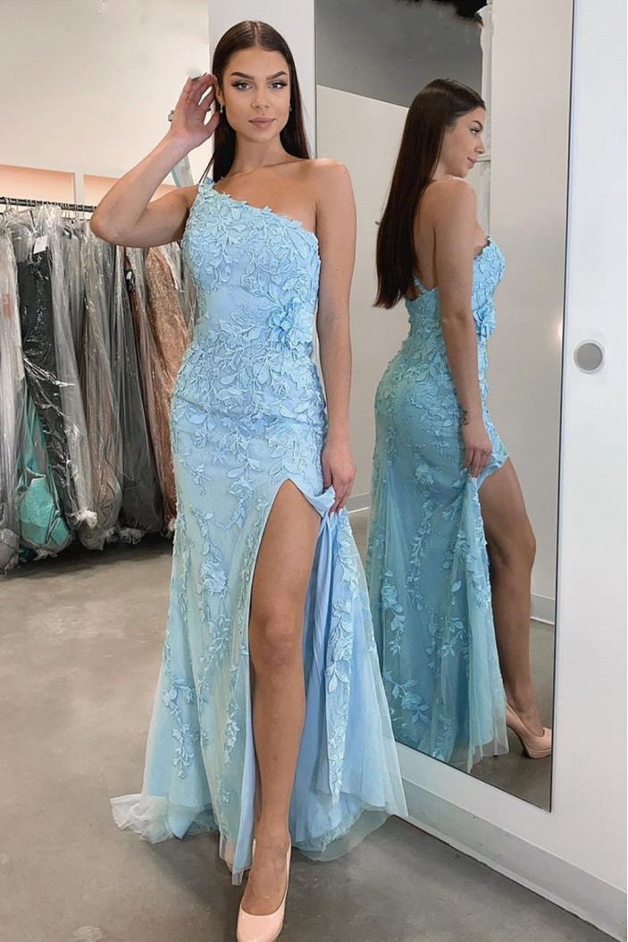 Long Blue Sheath One Shoulder Lace Prom Dress Formal Evening Gowns 901154