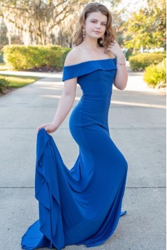 Long Blue Off the Shoulder Prom Dress Formal Evening Gowns 901155