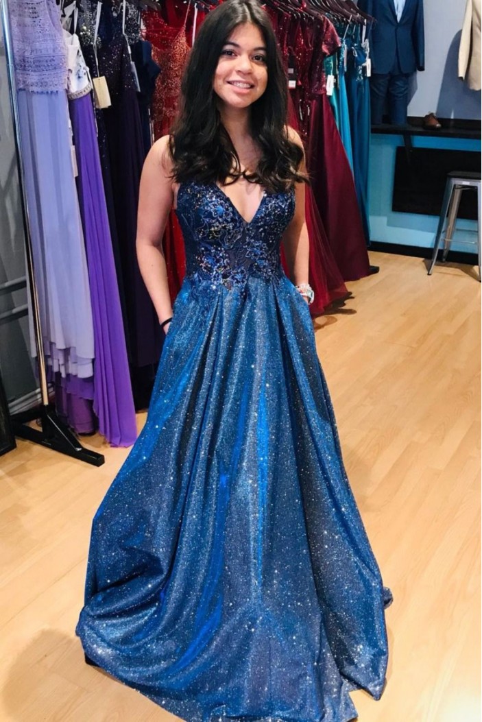 A-Line Long Blue Lace Sparkle Prom Dress Formal Evening Gowns 901157