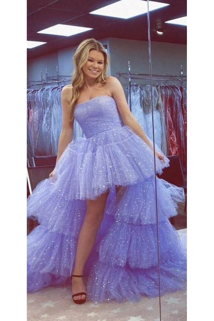 High Low Strapless Sparkle Tulle Prom Dress Formal Evening Gowns 901163