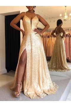A-Line Gold Sequin Prom Dress Formal Evening Gowns 901165