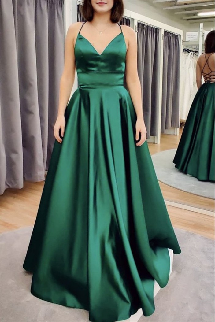 Long Green Satin Prom Dress Formal Evening Gowns 901182