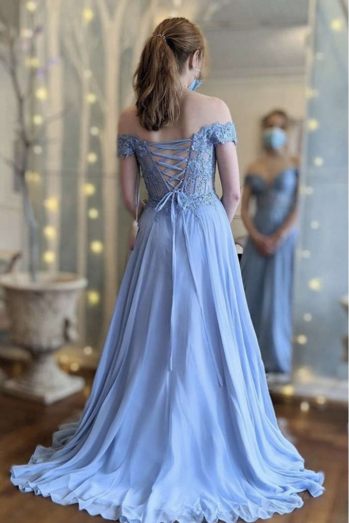 Long Blue Chiffon and Lace Prom Dress Formal Evening Gowns 901188