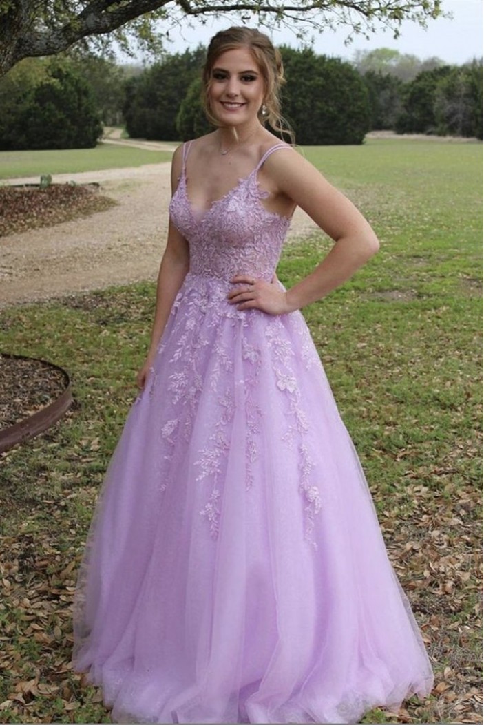 A-Line Lilac Lace Spaghetti Straps Prom Dress Formal Evening Gowns 901198