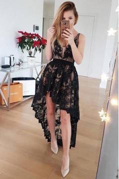High Low Black Lace Prom Dress Formal Evening Gowns 901216