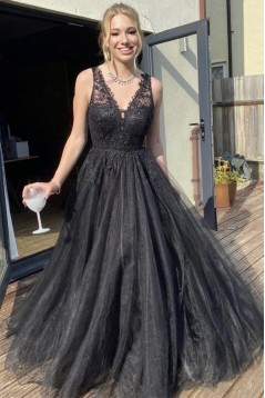 Long Black Lace and Tulle Prom Dress Formal Evening Gowns 901217