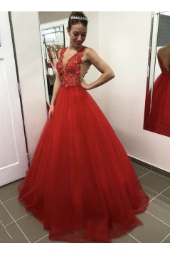 Long Red Lace and Tulle Prom Dress Formal Evening Gowns 901226