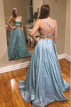 A-Line Sparkle Two Pieces Long Prom Dress Formal Evening Gowns 901252
