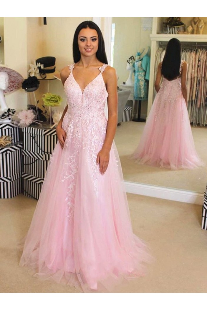 Long Pink Lace and Tulle Prom Dress Formal Evening Gowns 901258