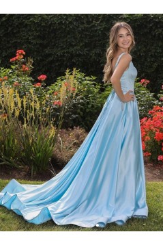 Long Blue Satin Prom Dress Formal Evening Gowns 901265