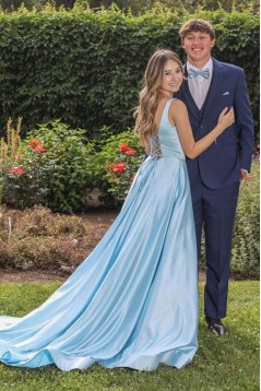 Long Blue Satin Prom Dress Formal Evening Gowns 901265