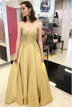 A-Line Gold Sparkle Lace Prom Dress Formal Evening Gowns 901268