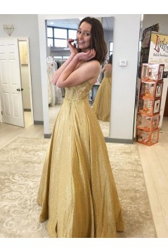 A-Line Gold Sparkle Lace Prom Dress Formal Evening Gowns 901268