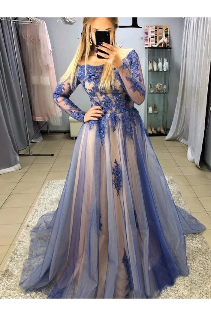 Long Blue Lace and Tulle Prom Dress Formal Evening Gowns 901269