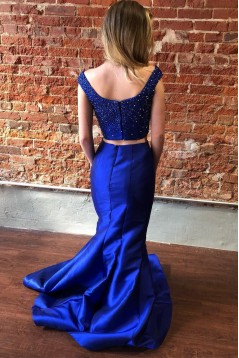 Long Royal Blue Two Pieces Mermaid Lace Prom Dress Formal Evening Gowns 901275