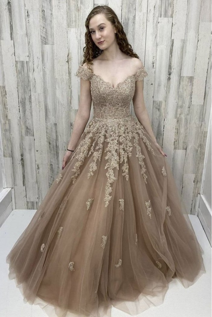 A-Line Off the Shoulder Lace and Tulle Prom Dress Formal Evening Gowns 901279