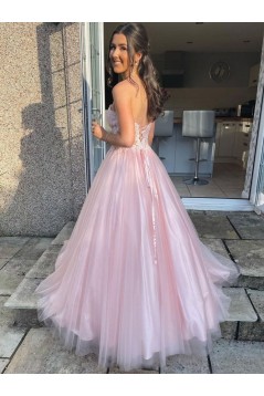 Long Pink Lace and Tulle Prom Dress Formal Evening Gowns 901281