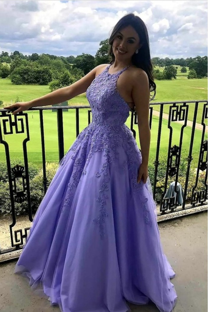 A-Line Lavender Lace Long Prom Dress Formal Evening Gowns 901283