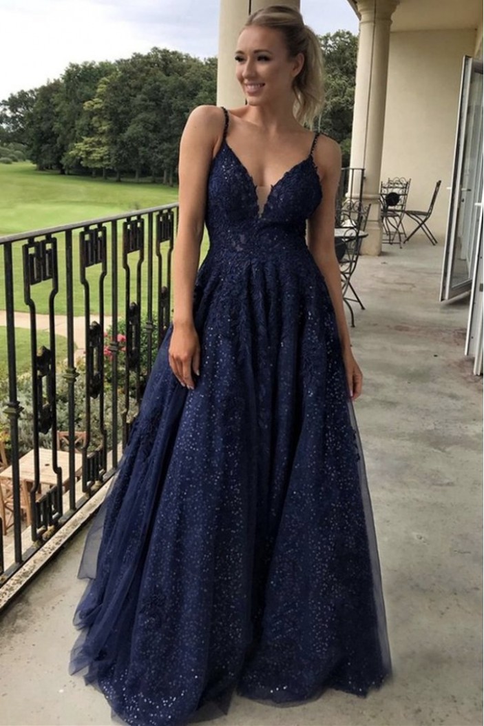 Long Navy Blue Lace Sequin Tulle Prom Dress Formal Evening Gowns 901288