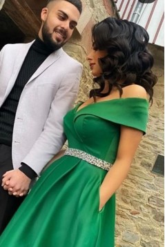 A-Line Long Green Off the Shoulder Beaded Prom Dress Formal Evening Gowns 901295