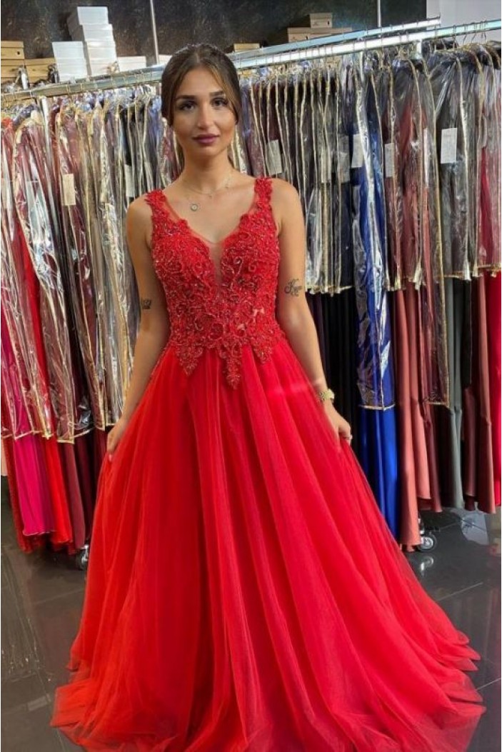 Long Red Lace and Tulle Prom Dress Formal Evening Gowns 901297
