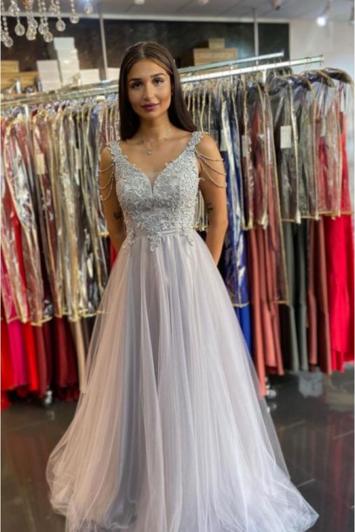 A-Line Lace and Tulle Long Prom Dress Formal Evening Gowns 901299