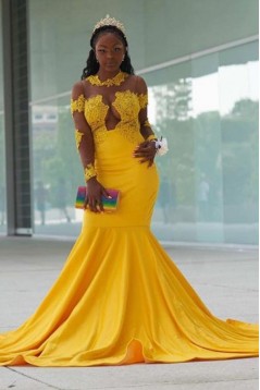 Long Yellow Mermaid Lace Prom Dress Formal Evening Gowns 901301