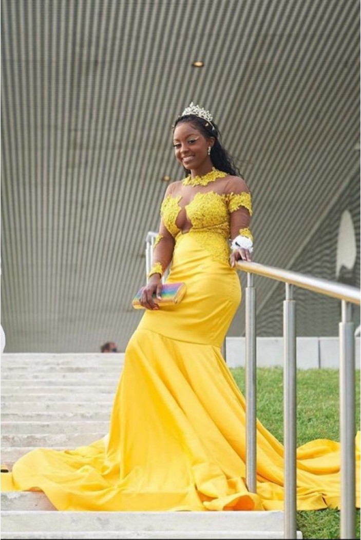 Long Yellow Mermaid Lace Prom Dress Formal Evening Gowns 901301
