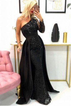 Long Black Mermaid One Shoulder Prom Dress Formal Evening Gowns 901303