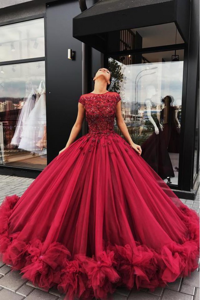 Long Burgundy Lace and Tulle Prom Dress Formal Evening Gowns 901311