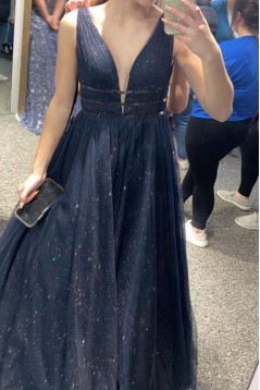 A-Line Long Navy Blue Sparkle Prom Dress Formal Evening Gowns 901322