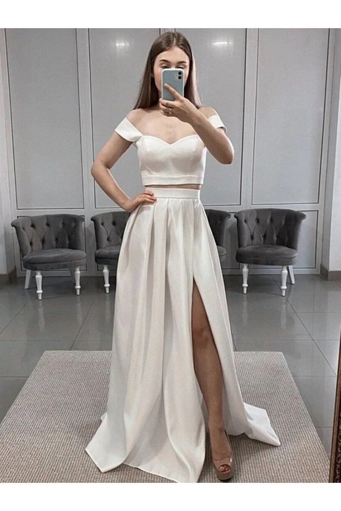 A-Line Two Pieces Long White Prom Dress Formal Evening Gowns 901323
