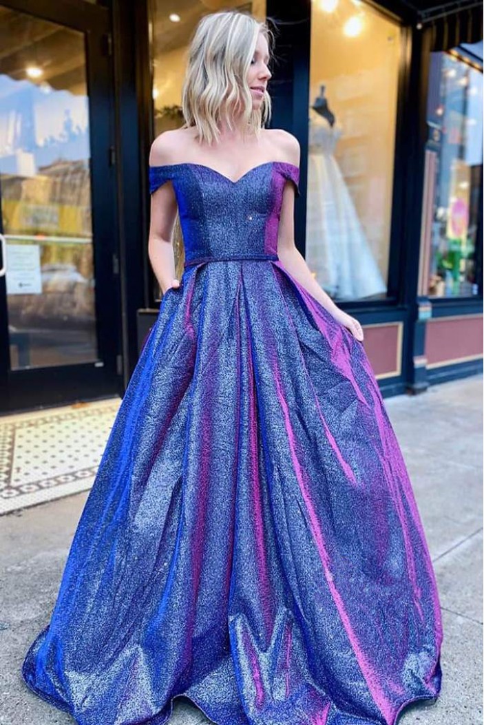 Long Blue Sparkly Off the Shoulder Prom Dress Formal Evening Gowns 901334