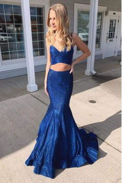 Long Royal Blue Mermaid Two Pieces Sparkle Prom Dress Formal Evening Gowns 901335